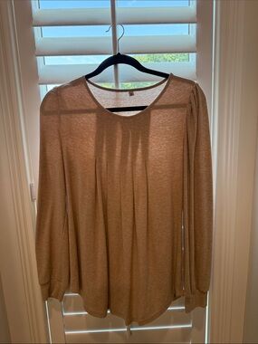 WIHOLL Khaki Pleated Tunic Top Long Sleeve Puff Sleeve - Medium